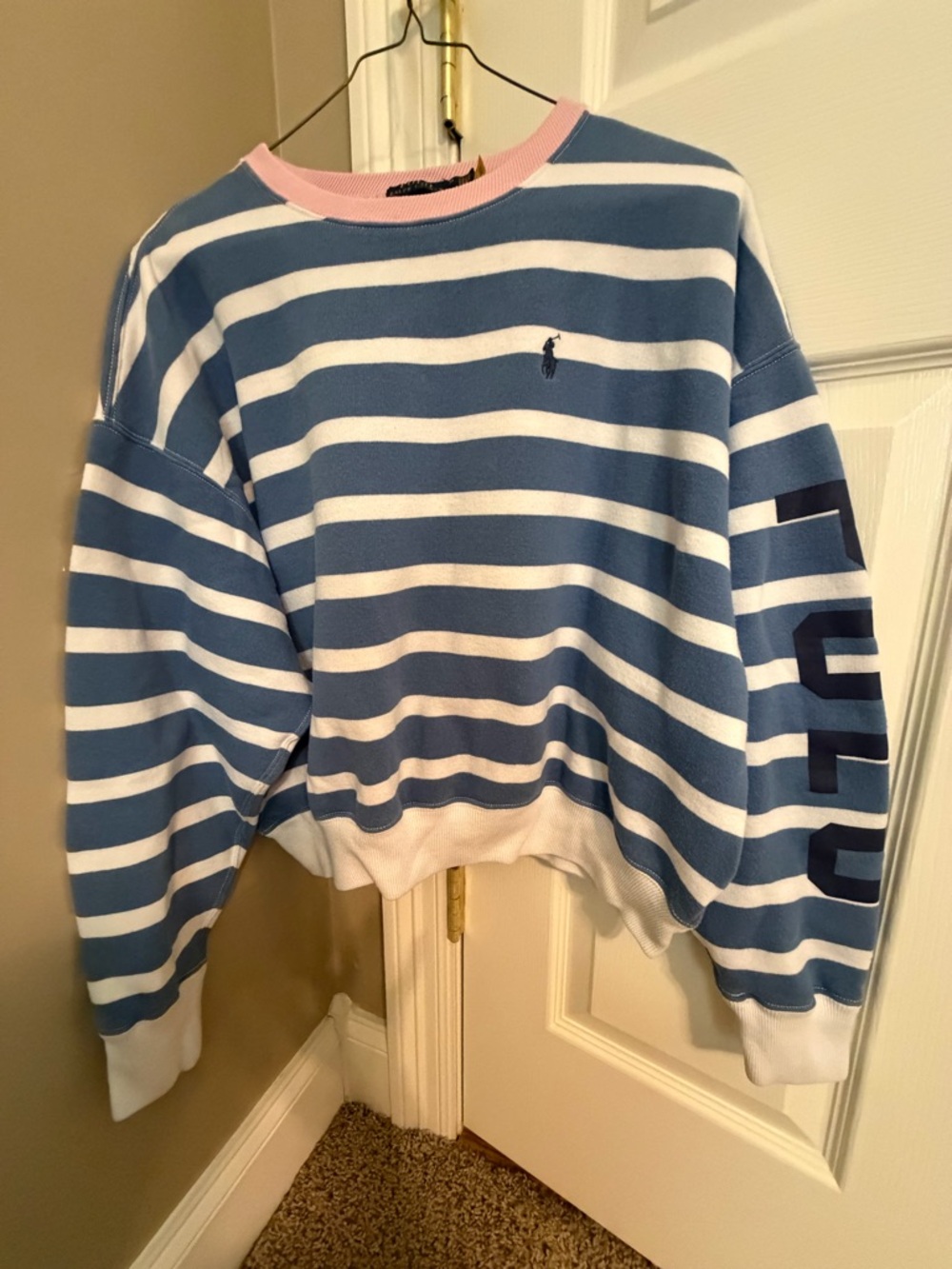 Women’s Ralph Lauren Polo Blue and White Striped Crewneck with Pink Neckline